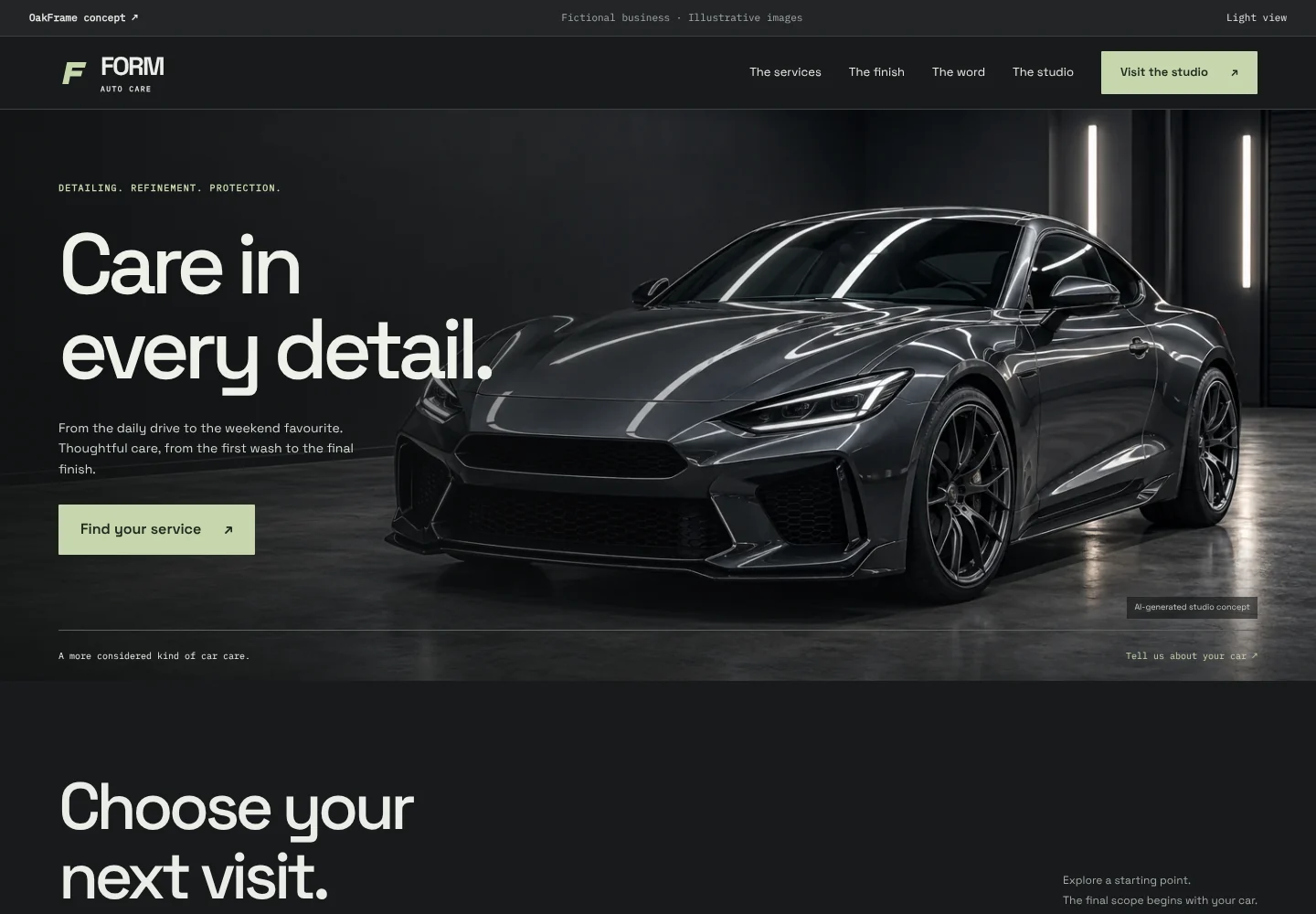 Actual desktop screenshot of the FORM Auto Care website concept