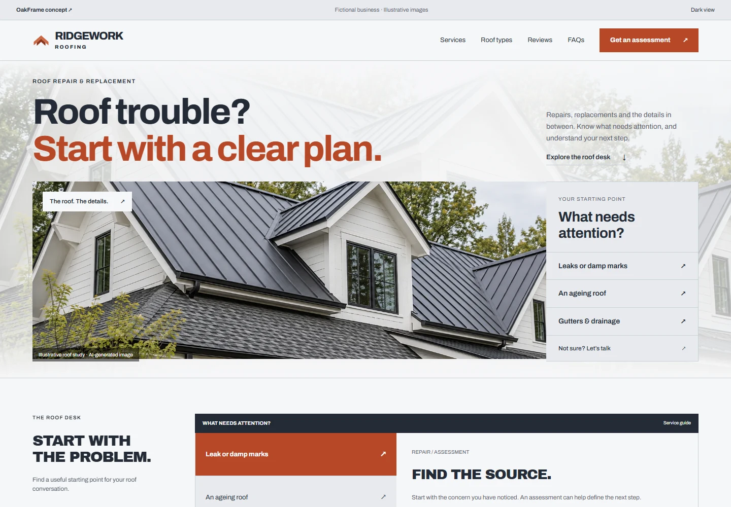Actual desktop screenshot of the Ridgework Roofing website concept