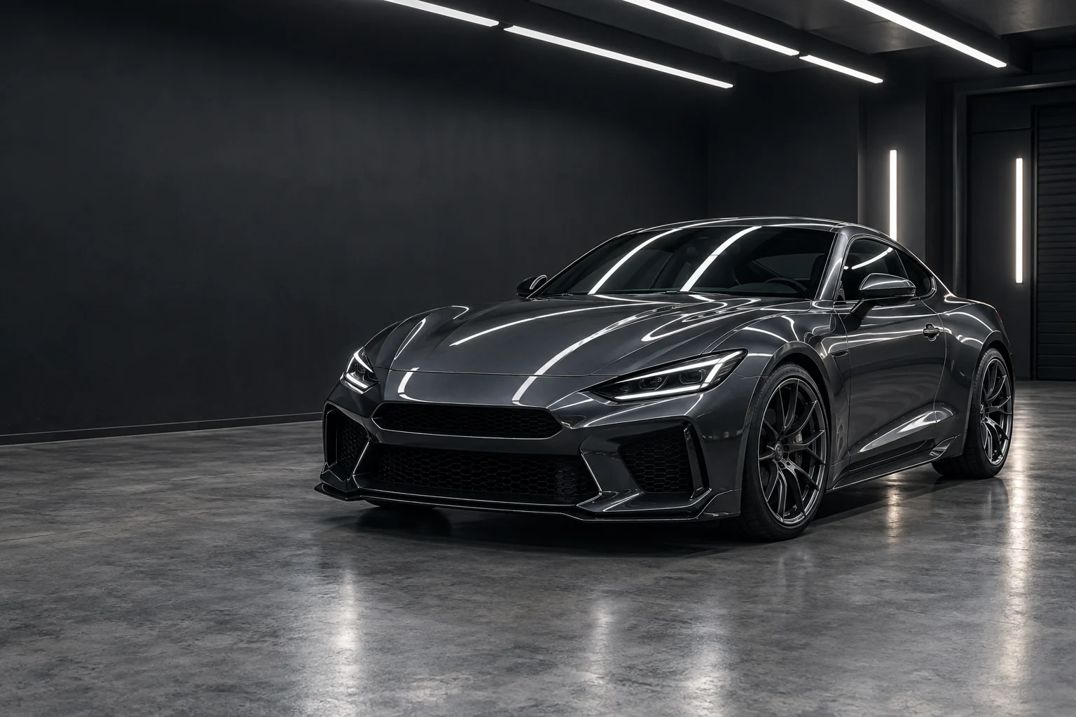 AI-generated graphite sports coupe in a detailing studio