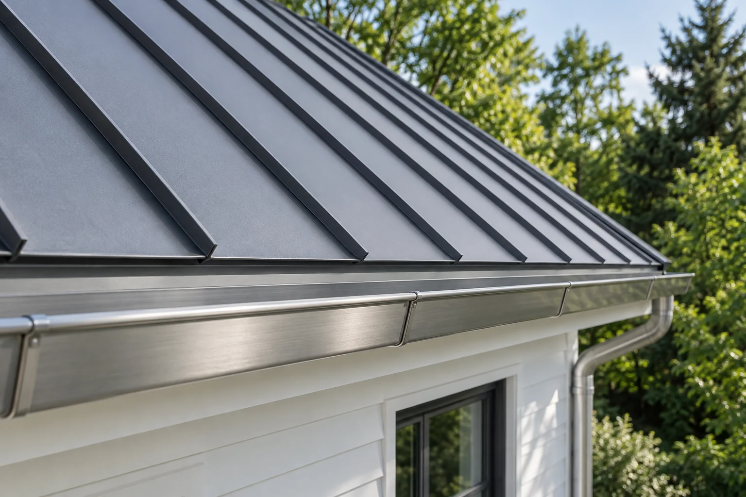 AI-generated standing-seam roof and gutter detail