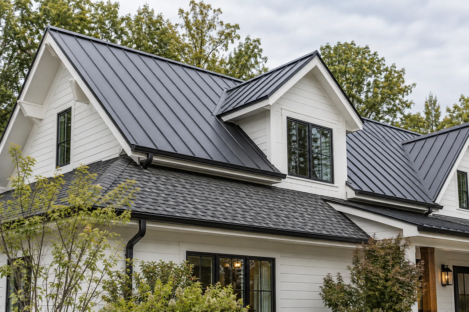 AI-generated house with dark metal and shingle roofing