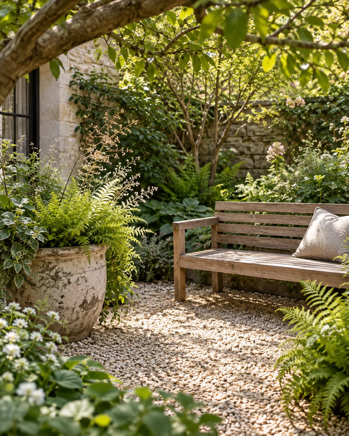 AI-generated courtyard with an oak bench and textured shade planting