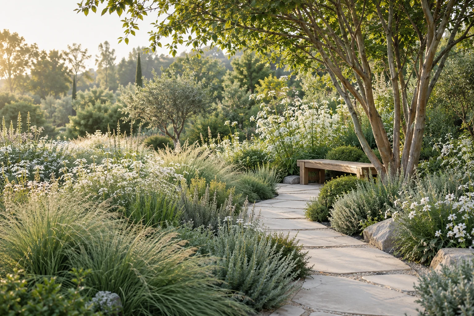 AI-generated naturalistic garden with a curving stone path